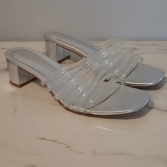 Raye Lyric Revolve Women's 9.5 Metallic Silver and Clear Strappy Heeled Sandals - Picture 2 of 11